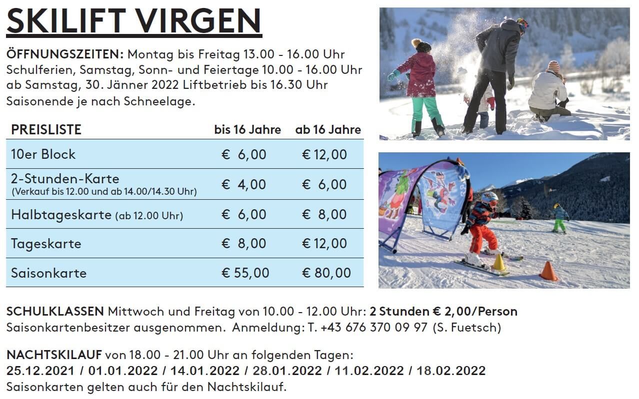 Skilift Virgen - Tarife und Öffnungszeiten 2021-2022 | OsttirolerLand.com