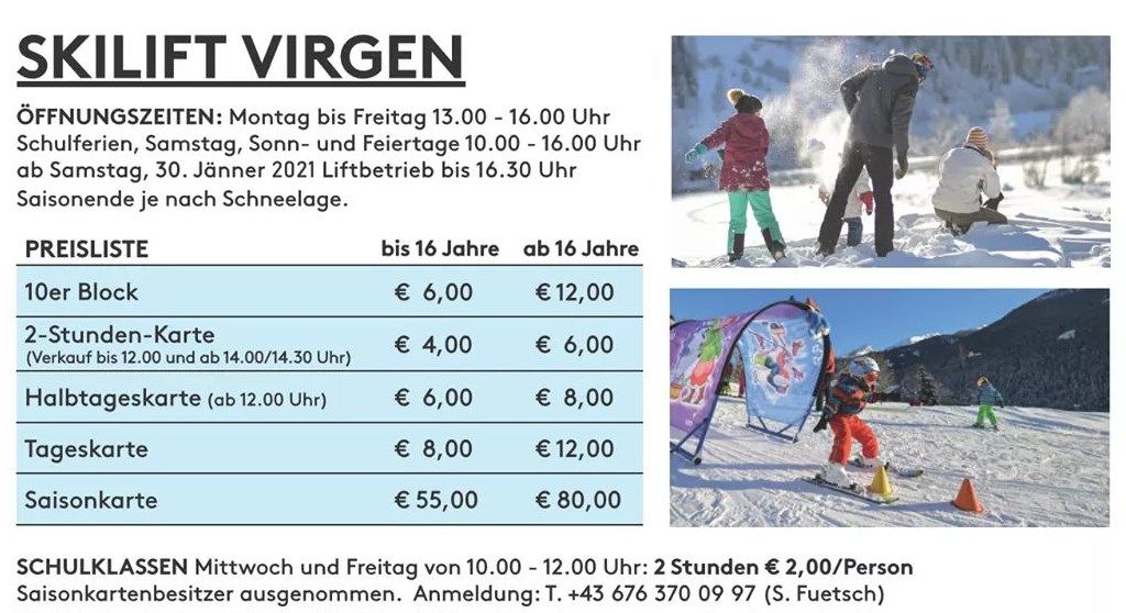 Skilift Virgen - Tarife und Öffnungszeiten für 2021