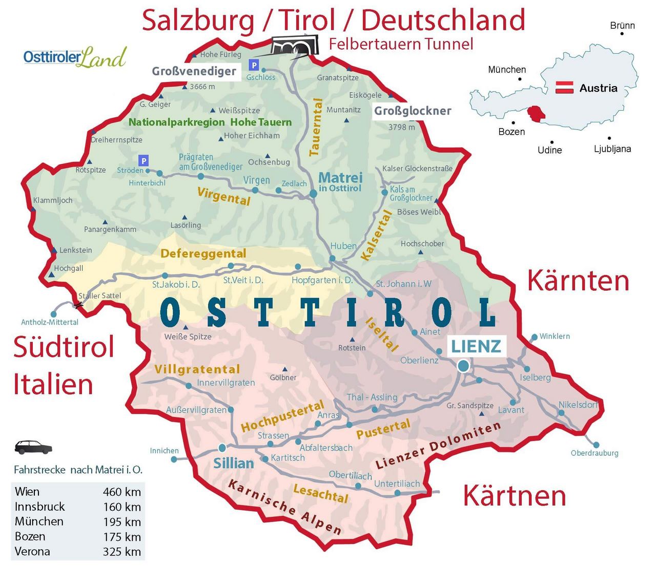 Die Osttirol Karte mit all den Region und Orten. Planen Sie die Anreise nach Osttirol mit Google Maps.