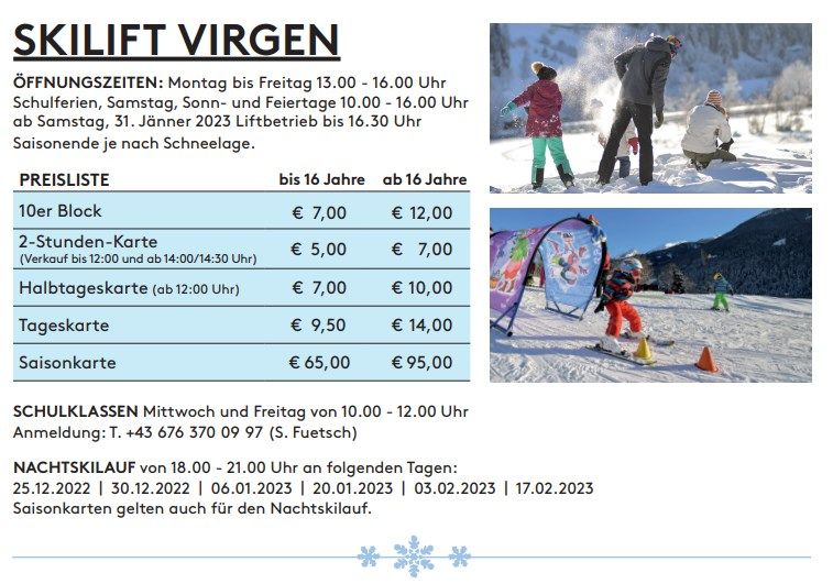 Skilift Tarife Familienskigebiet Virgen/Felachlift